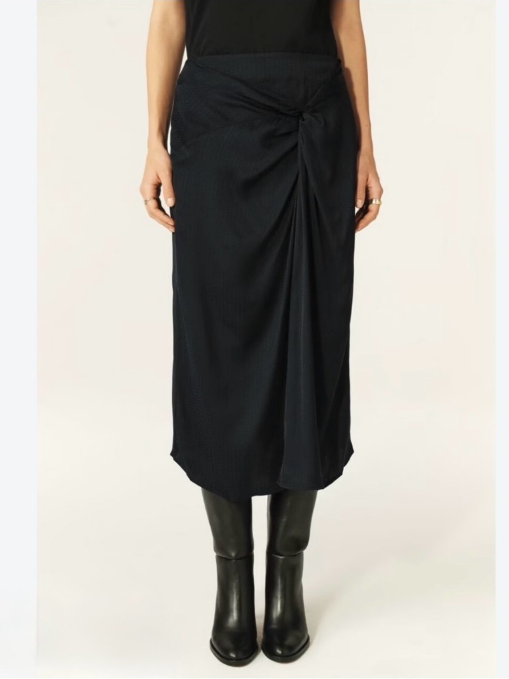 ba&sh Black Nelly Midi Skirt Satin Twist Front Draped Bias Cut Designer Size L